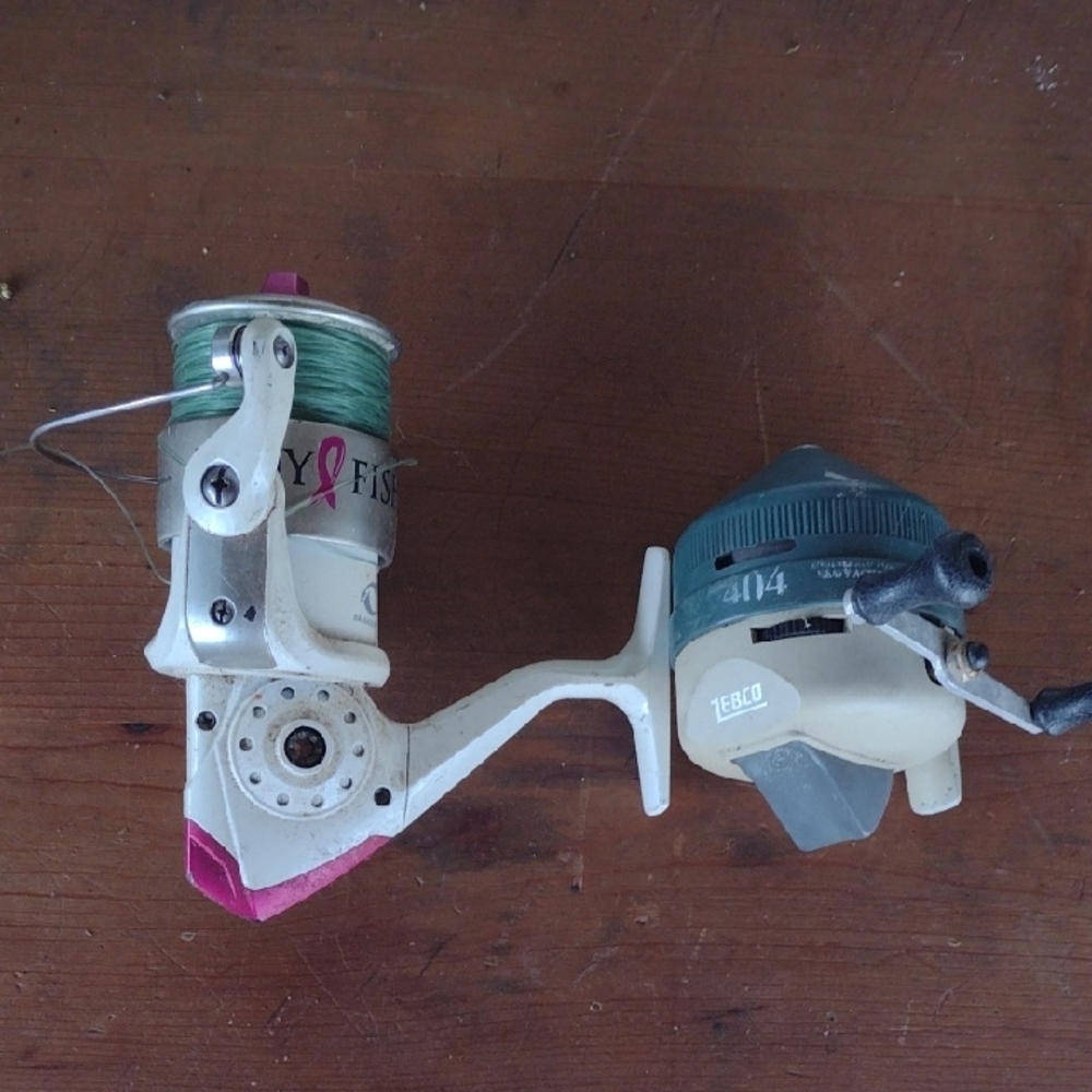 Zebco Fishing Reels with Pink and Green Accents